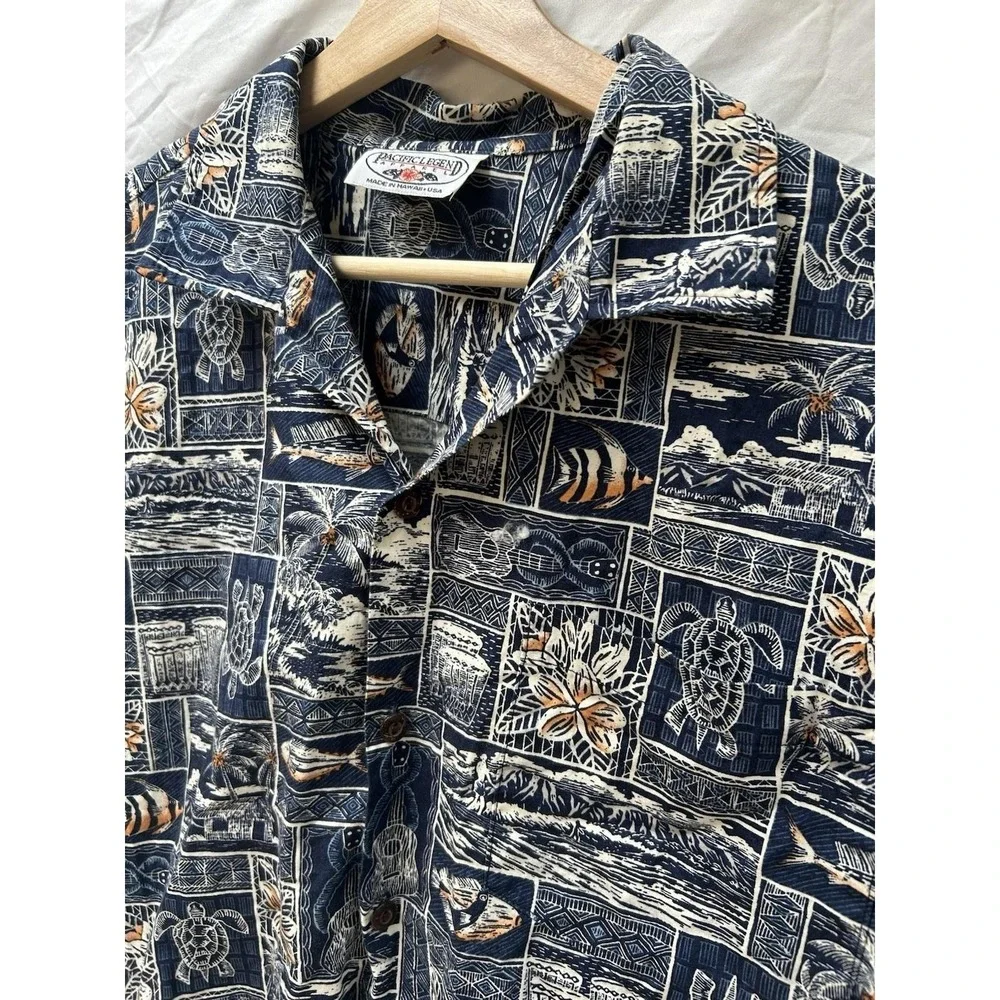 Mens Pacific Legend Hawaiian Aloha Sea Turtle Island Mosaic Camp Shirt Large